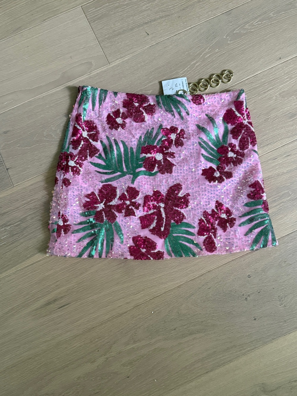Maje Pink Sequin Floral Mini Skirt with Green Leaf Motif - Picture 3 of 4